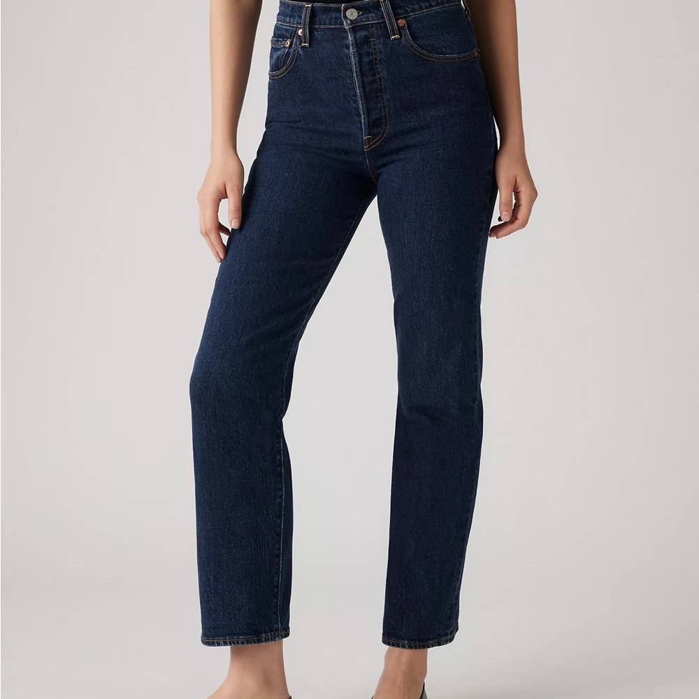 Levi’s ribcage straight ankle button fly jeans non stretch dark blue denim